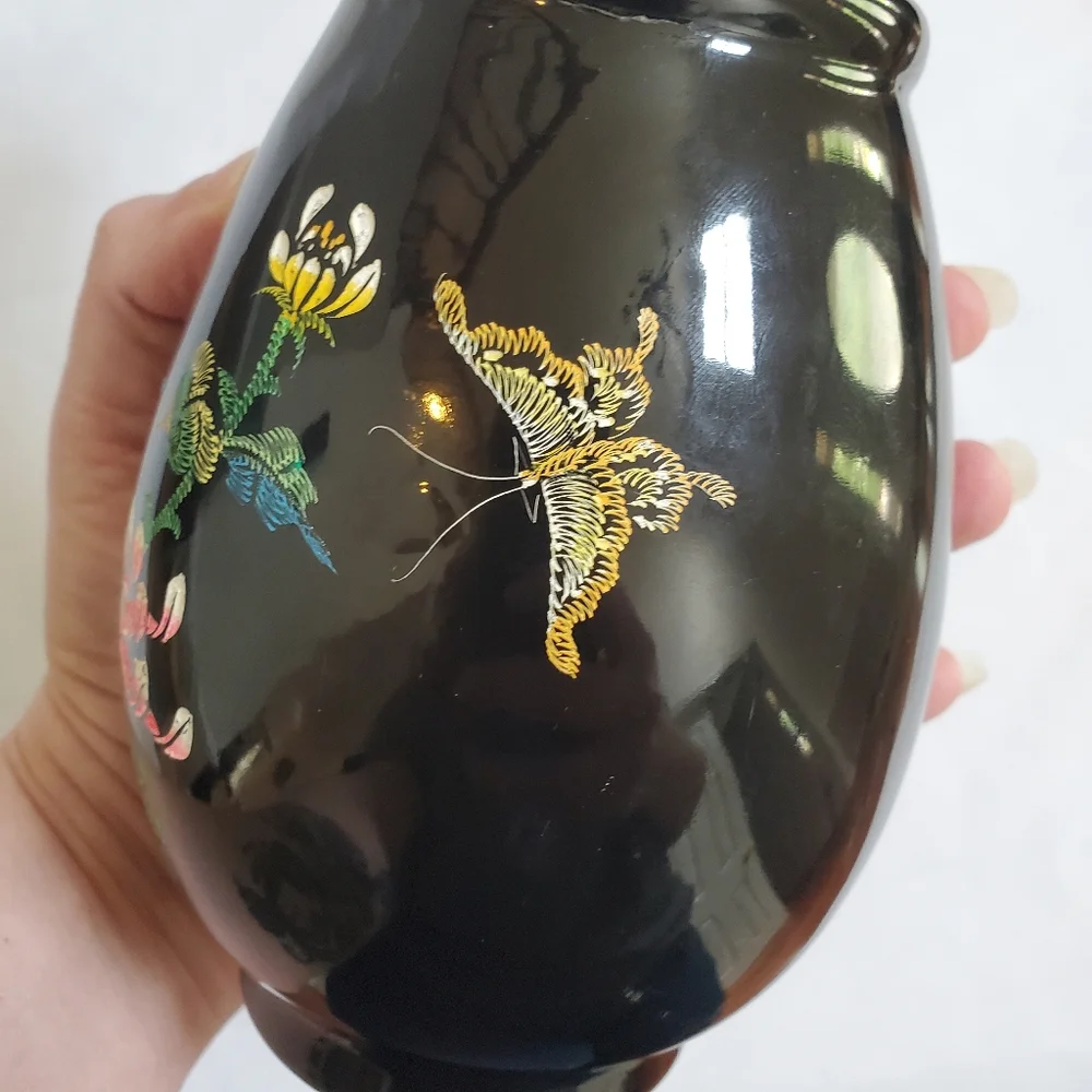 Black Lacquer Flower Butterfly Vase AS IS
